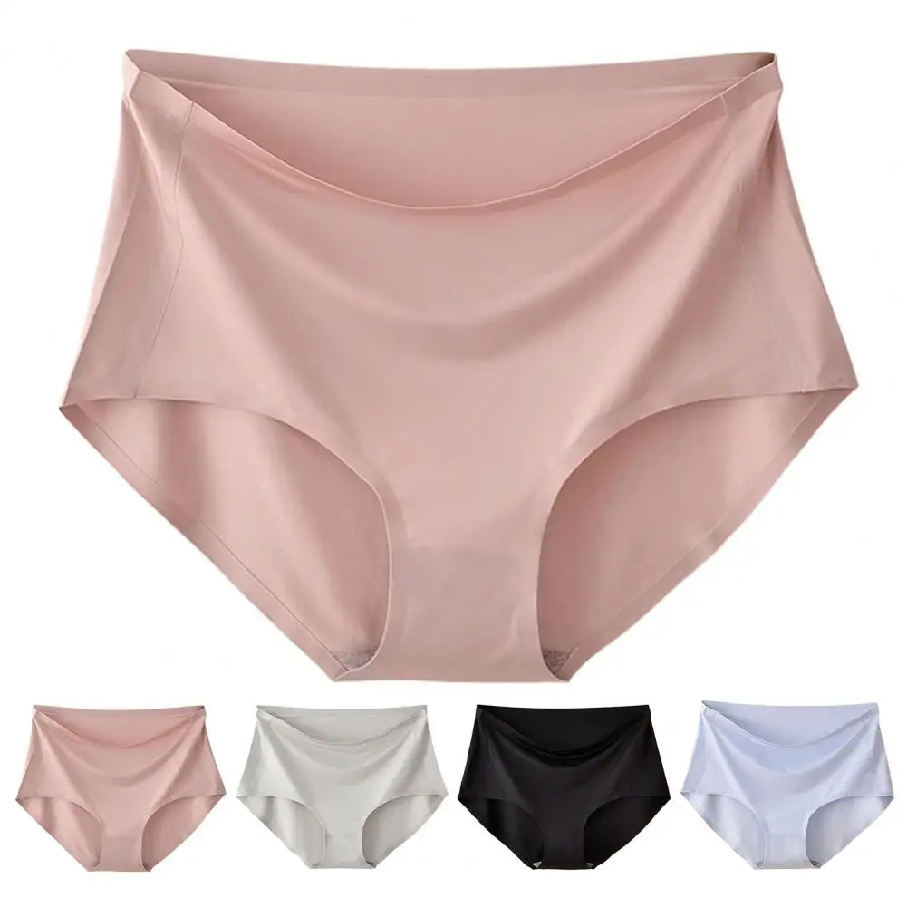 2025 Breathable Solid Color Underwear Women Ice Silk Panties Hip Lifting Tummy Control Cotton Crotch High Waist Briefs Seamless