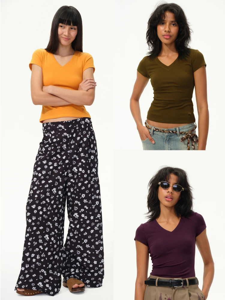 

Летняя базовая футболка для женщин 747 High Energy Retro V-ne T-irt, с вышивкой, приталенная, в уличном стиле, модная