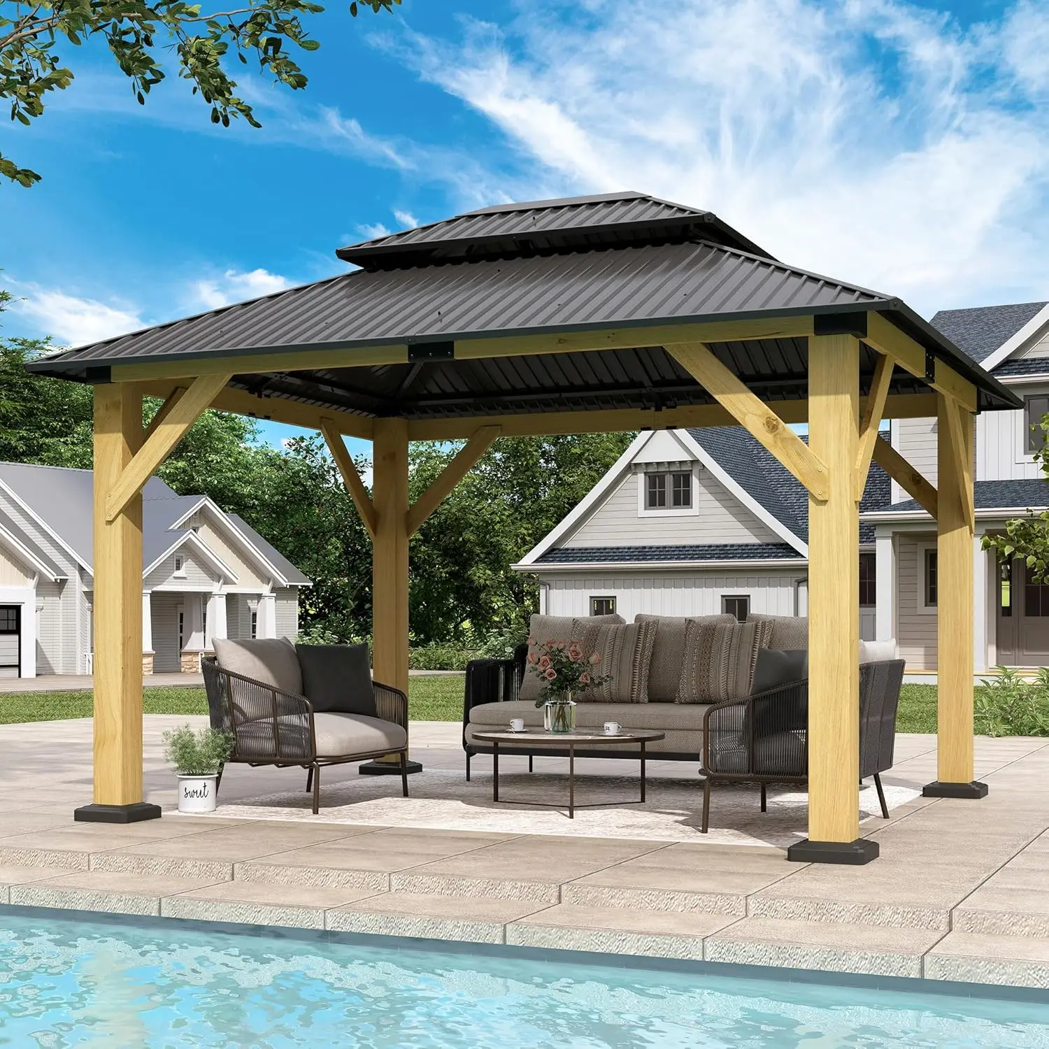 

10'x12'Gazebo,Outdoor Cedar Wood Hardtop Gazebo with Galvanized Steel Double Roof,for Patio Backyard Deck,Wooden Frame Gazebos