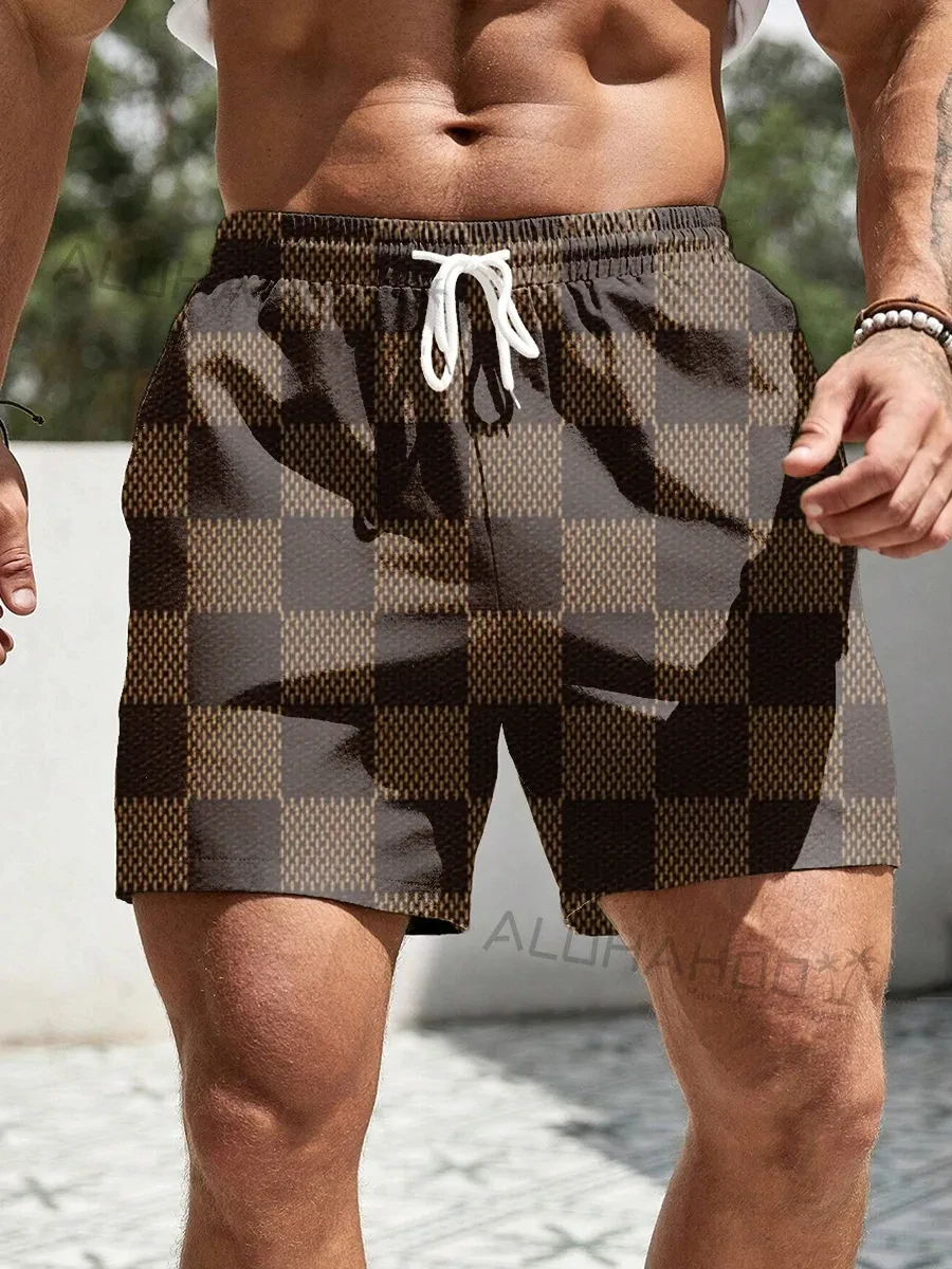 Men's Resort 3DPrinted Checkered Pattern Design Board Shorts Swimming Pants Elastic Waist Drawstring Hawaiian Style Resort Beach