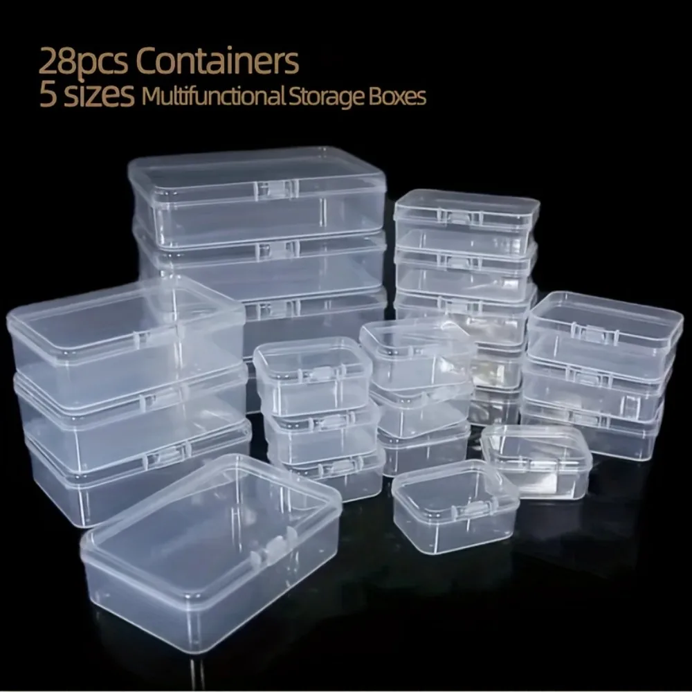 28 Stück Transparente Kunststoff-Aufbewahrungsboxen mit Deckel, Staubdichte Behälter für Perlen, Spielzubehör, Karten, Bastelbedarf, Büro, Küche, Samen – Detail 3