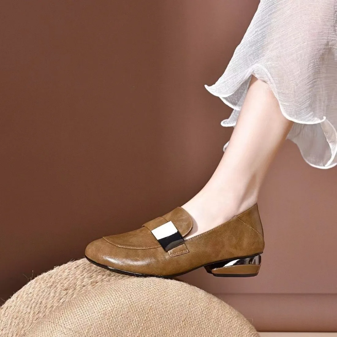 

New Leather Women Fashion Versatile Pumps Square Toe Thick Heel Mary Jean Shoes Slip on Elegant Temperament Daily Shoes Handmade
