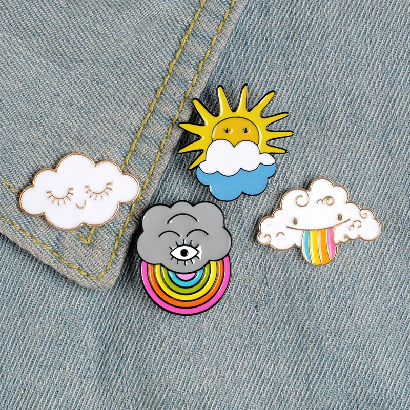 

Cartoon Cute Rainbow Smiling Clouds Enamel pin Weather Dark cloud White cloud Brooches Bag Lapel Pin Badge Jewelry Gift for Kids