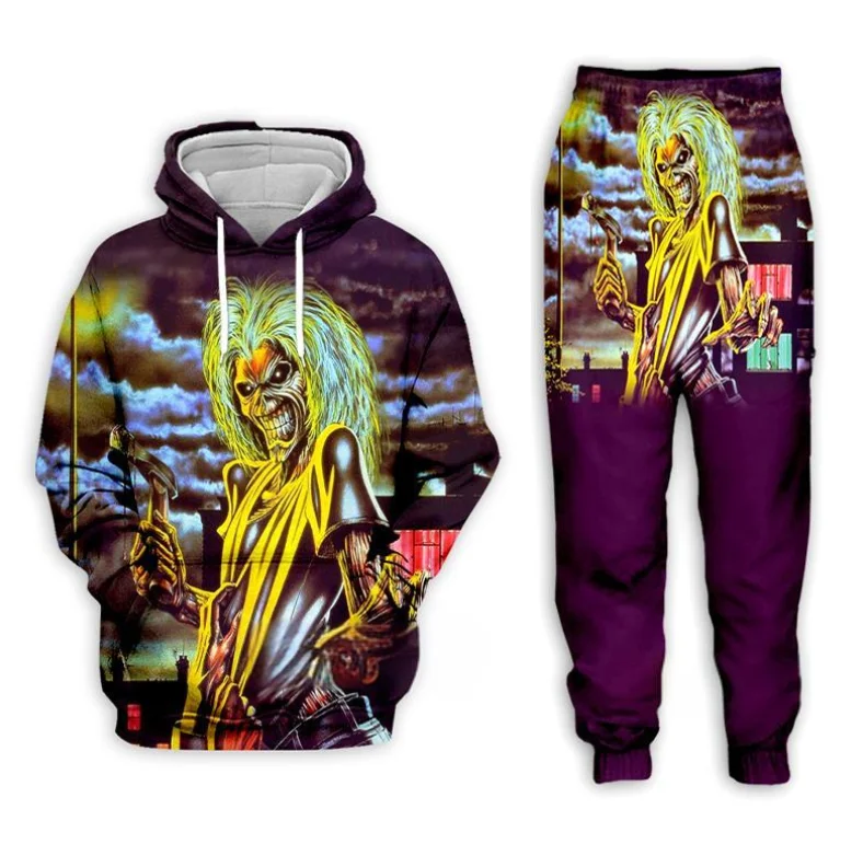 Conjunto de Sudadera con capucha y pantalones con estampado 3d de calavera de Metal pesado para hombre, chándal de Hip Hop, traje de ropa informal para niños, Otoño e Invierno