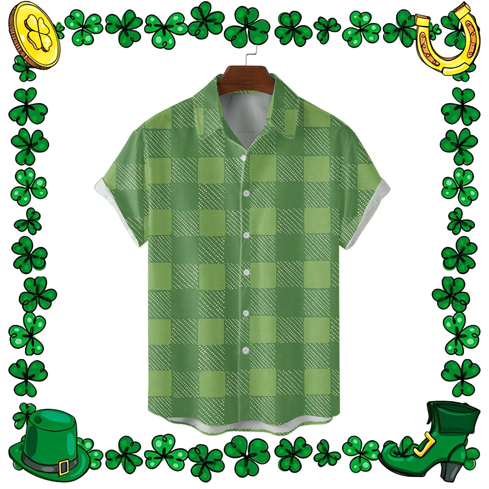 

Men's shirt Clover shirts lapel-neck Blouses Irish-National-Day St-Patrick-Day Green Tops Short-Sleeve men festival camisas
