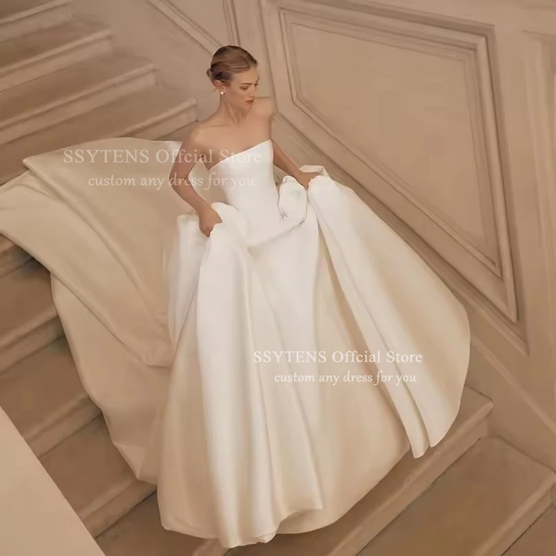 SSYTENS White A-Line Wedding Dresses Strapless Sleeveless bodas Occasion Bridal Dress Princess Wedding Ball Prom Gown Customized