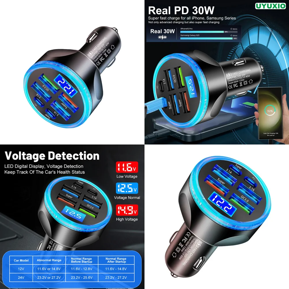 Dropshipping Products 6 in 1 Super Fast Charge Adapter in Car with Volt Meter Multi Port Full PD 30W USB C Car Charger Trending