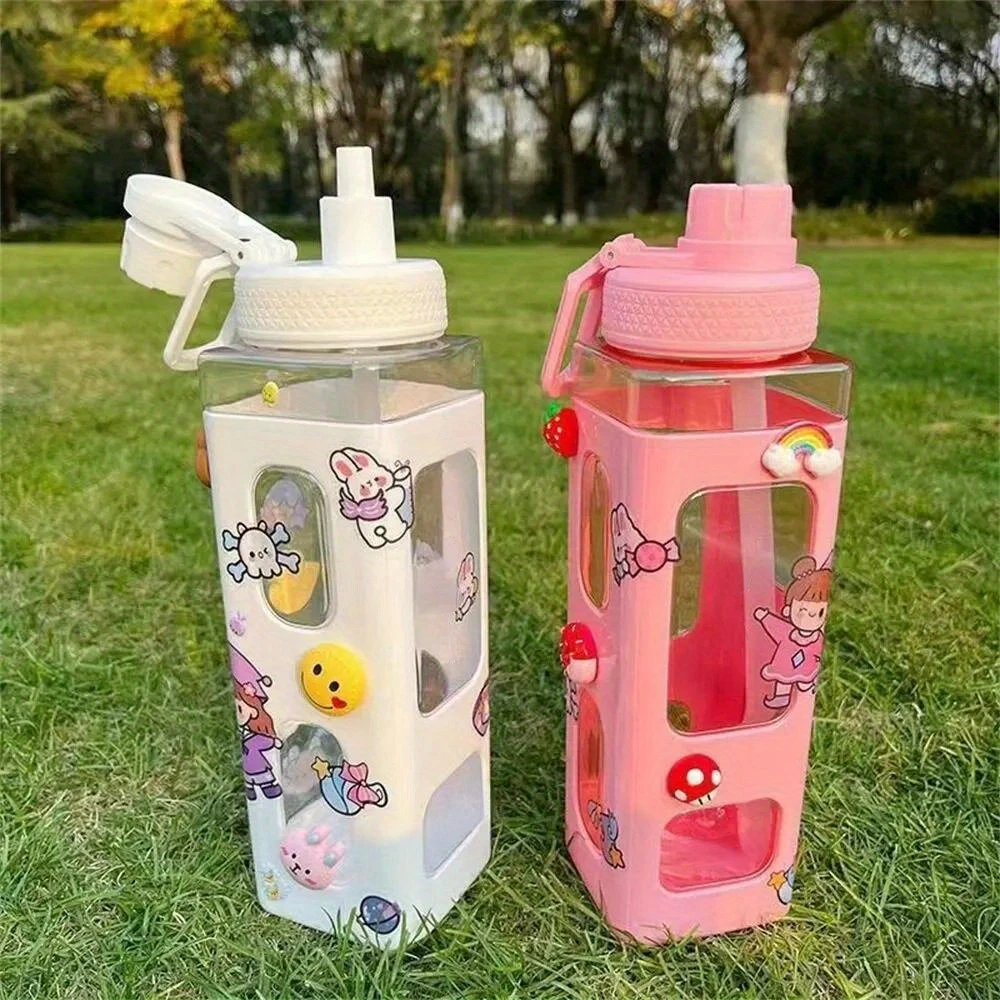 1pc Kawaii Water Bottle with Straw and 3D Cute Stickers BPA-Free Plastic Square Water Cup Portable Drinkware for Camping Cyling