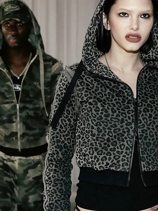 Retro American Style Leopard Print Hoodie Women's Casual Sportswear Jacket Worn Look Street Style Short Length Zipper Closure