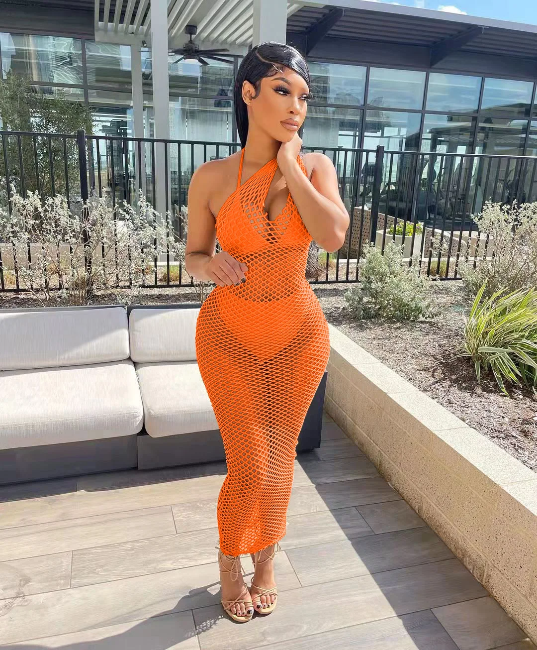 Casual Knitted Fishnet Beachwear Summer Long Dress Women 2022 Sexy One Shoulder Hollow Out See Through Party Club Maxi Dresses