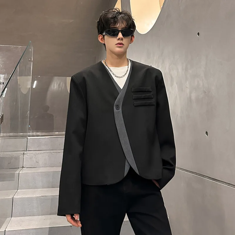 WVGA Spring Autumn New Man Tide Color Block Collarless Design Trendy Short Blazer Niche Chic Casual Long Sleeve Coats Ins W21233