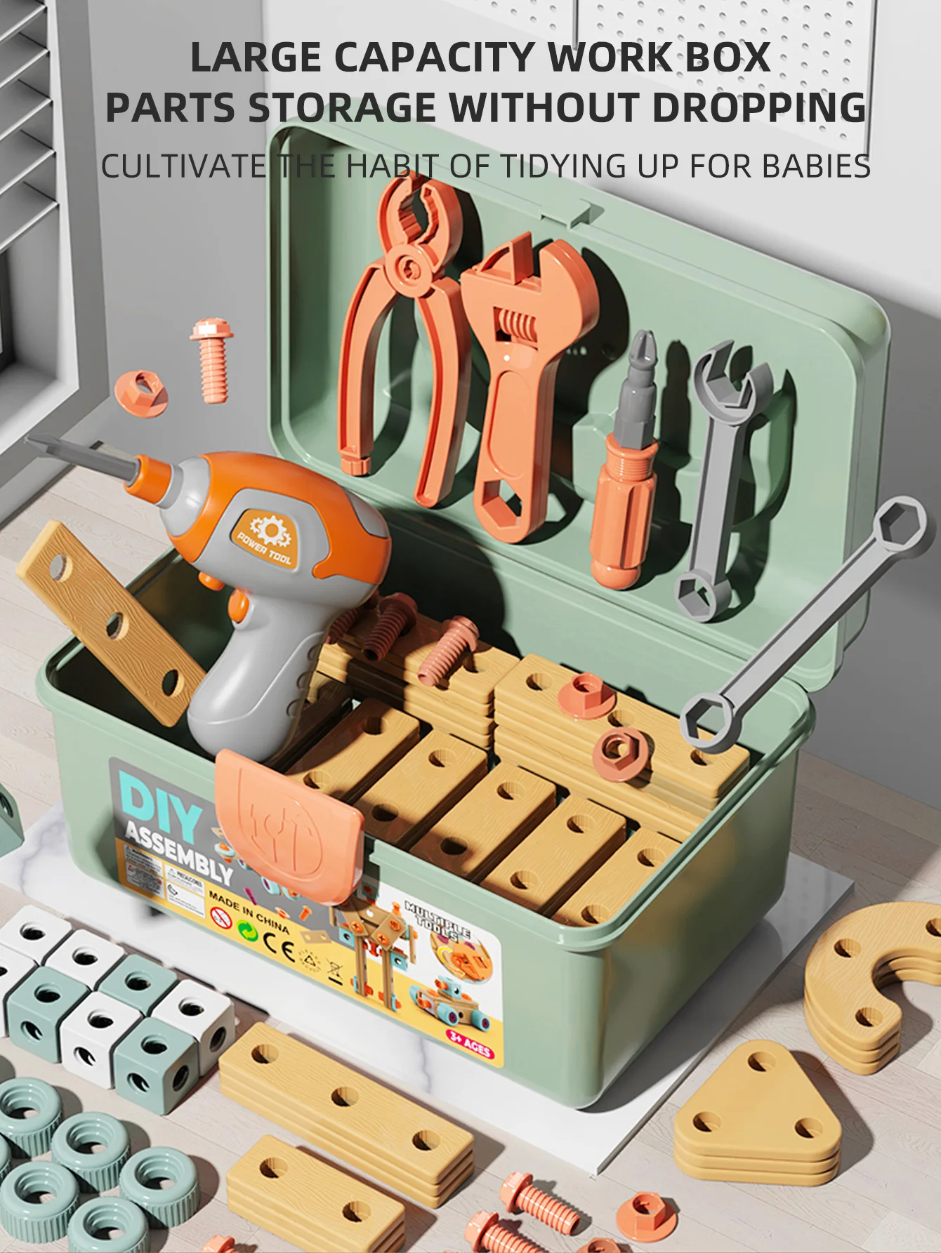 Conjunto de ferramentas infantis com broca, faça você mesmo, montagem de porca, quebra-cabeça, caixa de ferramentas de aparafusamento simulado, desmontagem educacional precoce, reparo, haste montessori