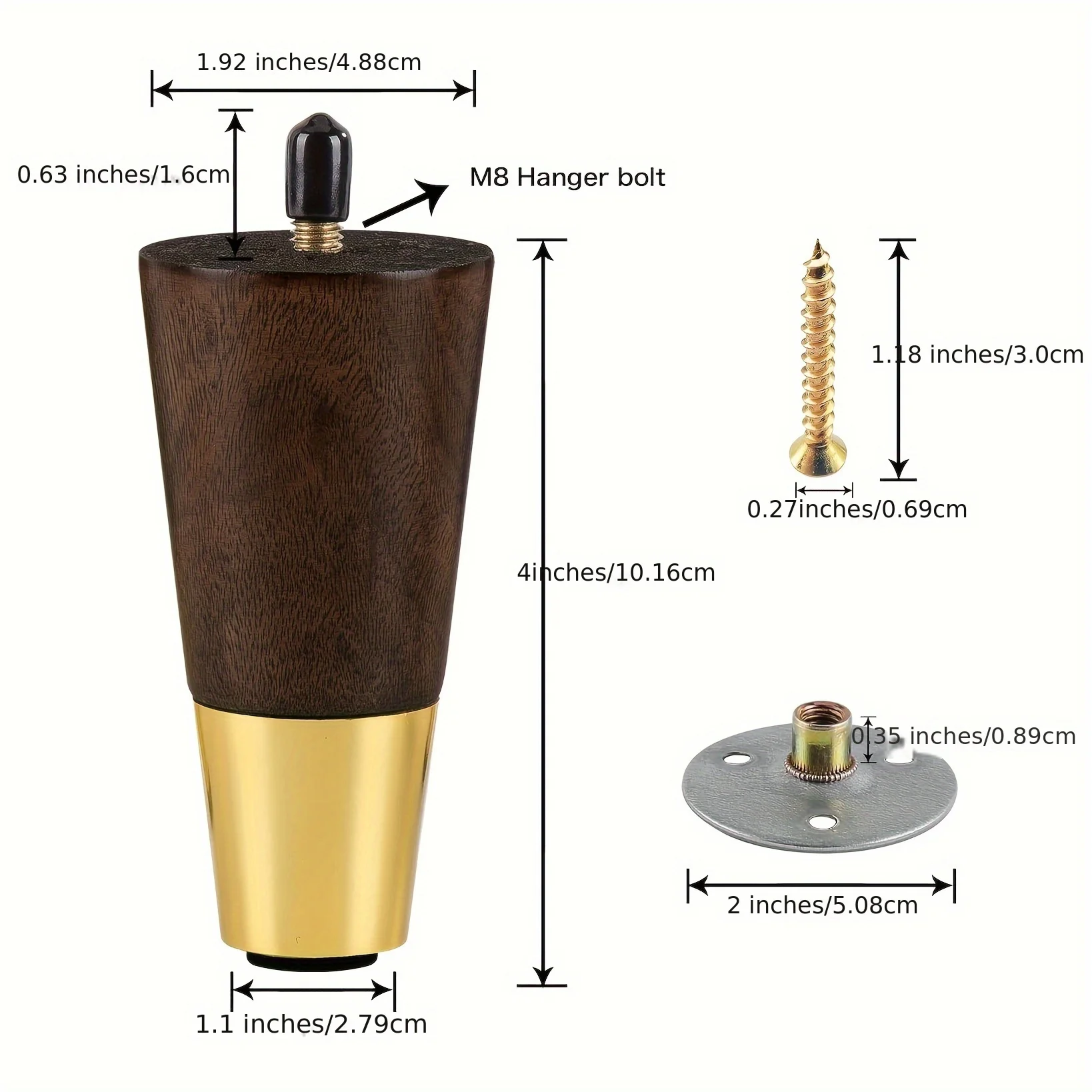 Pieds de meubles en bois pieds de canapé 4 pouces marron rond conique pieds modernes du milieu du siècle avec pieds de remplacement de base en laiton pour armoires