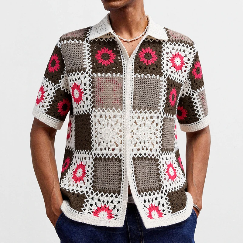 Casual Short Sleeve Button Lapel Knit Shirt Mens Summer Vintage Floral Embroidery Patchwork Shirts Fashion Men Hollow Out Shirt