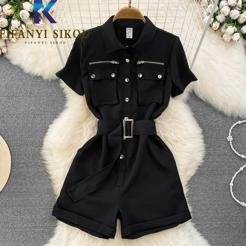 

2023 Summer Women Jumpsuit Black High Waist Wide Leg Shorts Pocket Zipper Fashion Loose Overalls Female Short Sleeve Playsuits