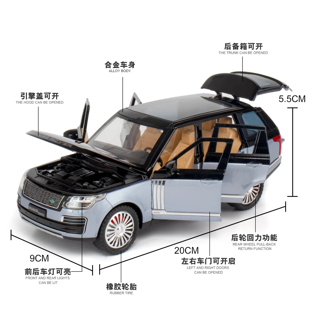 1:24 range rover veículo off-road diecast liga de metal modelo puxar para trás som luz carro crianças presente coleção a445 discast liga