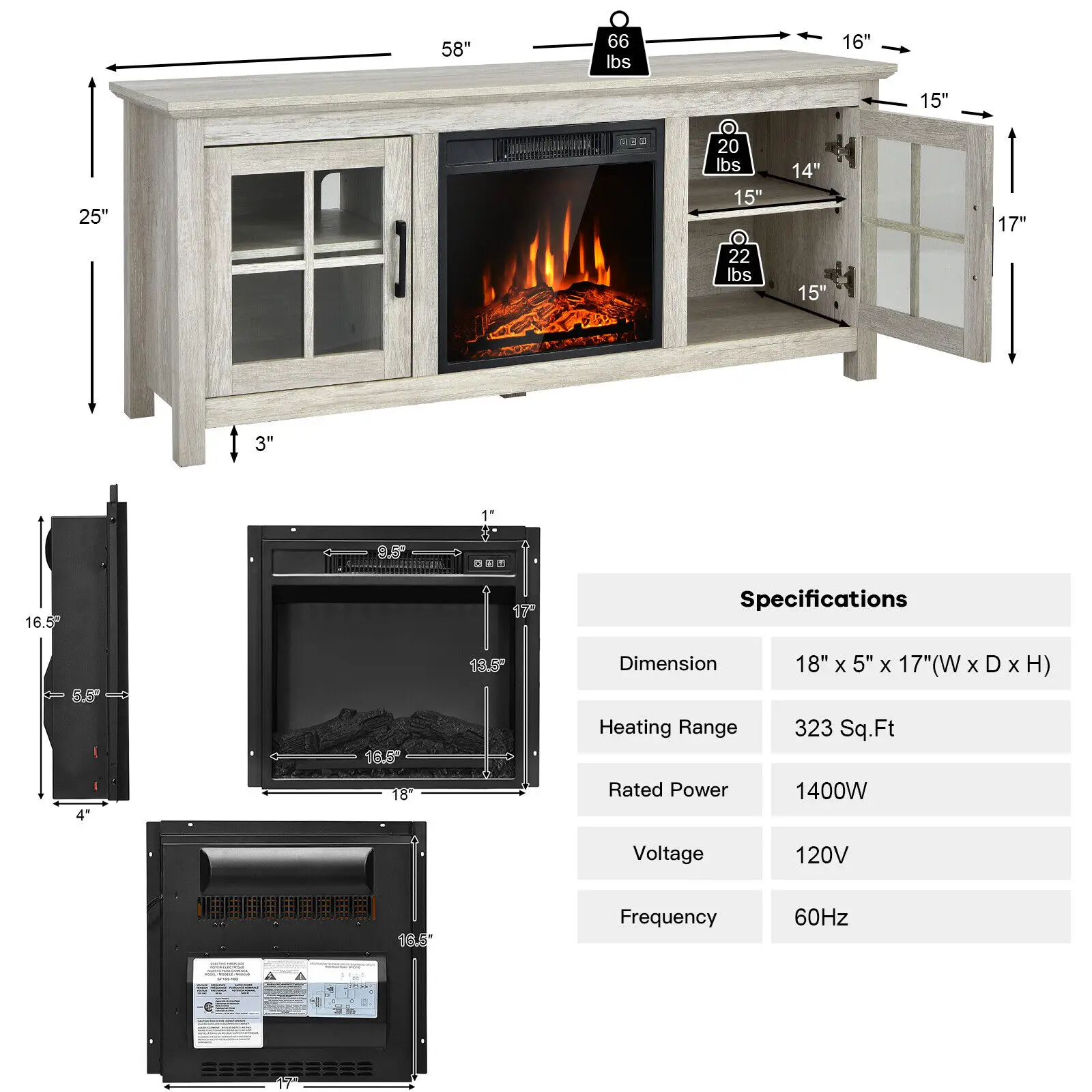 Costway 58 Inches Fireplace TV Stand for TVs up to 65 Inches W/ 1400W Electric fireplace