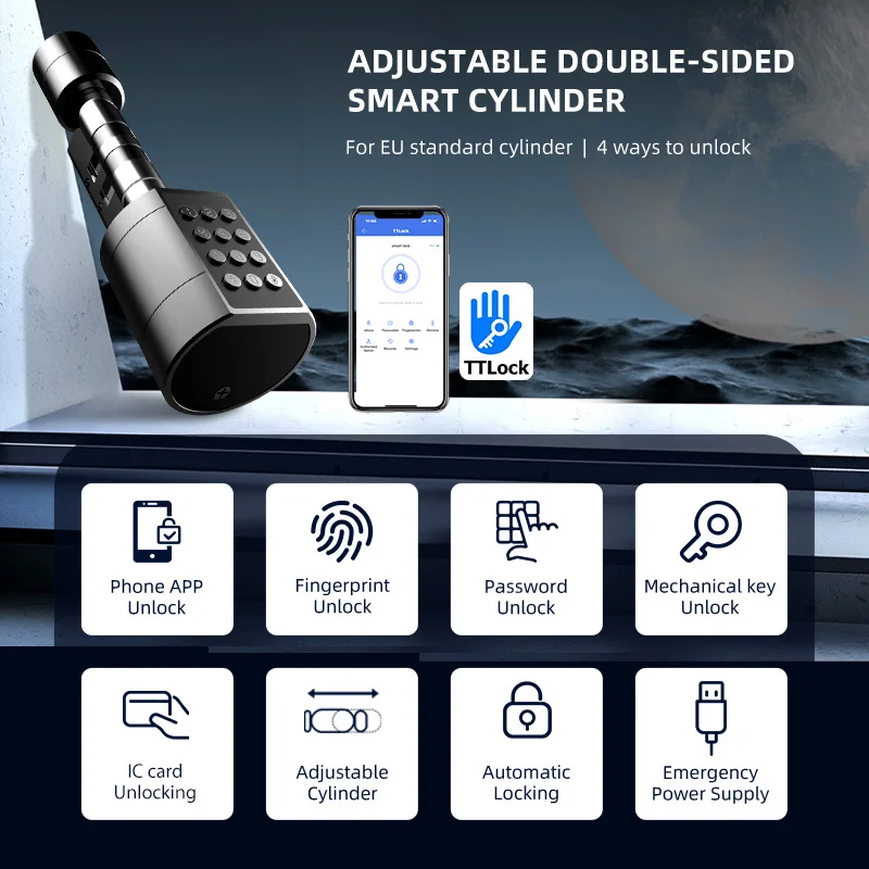 Smart Euro Cylindrical Door Lock ttlock app Keyless Security Entry Mechanical Key IP55 Waterproof fingerprint door lock