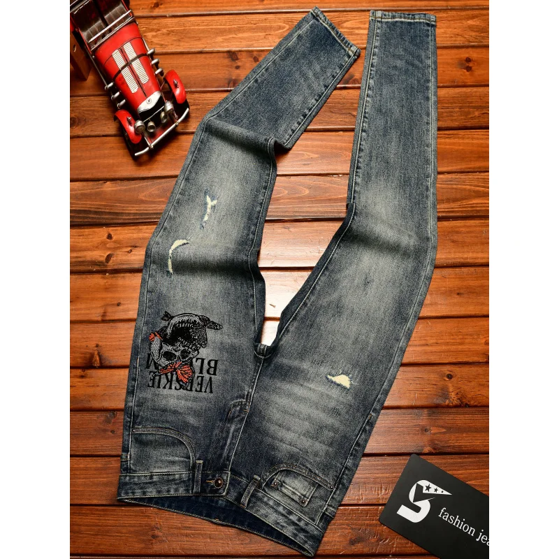 

print design jeans men's light luxury fashion autumn stretch small feet trendy retro pants