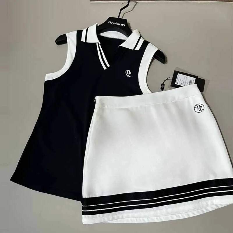 pl-夏新作ゴルフタンクトップ女性ポロ-v-ネックノースリーブシャツ速乾性-t-シャツレディ-a-裏地付きショートスカートテニスペンシルスコート