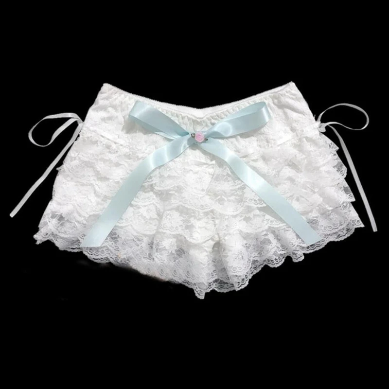 Women Sexy Lace Shorts Harajuku Girls Sweet Ribbons Flower Ruffles Elastic Waist Kawaii Cake Shorts Lolita Safety Short Pants