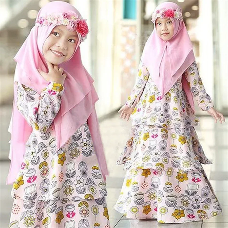 Muslim Girls Floral Print Khimar Abayas Kids Prayer Dress 2 Pics Sets Eid Ramadan Hijab Abaya Islam Clothing Dubai Turkey Kaftan