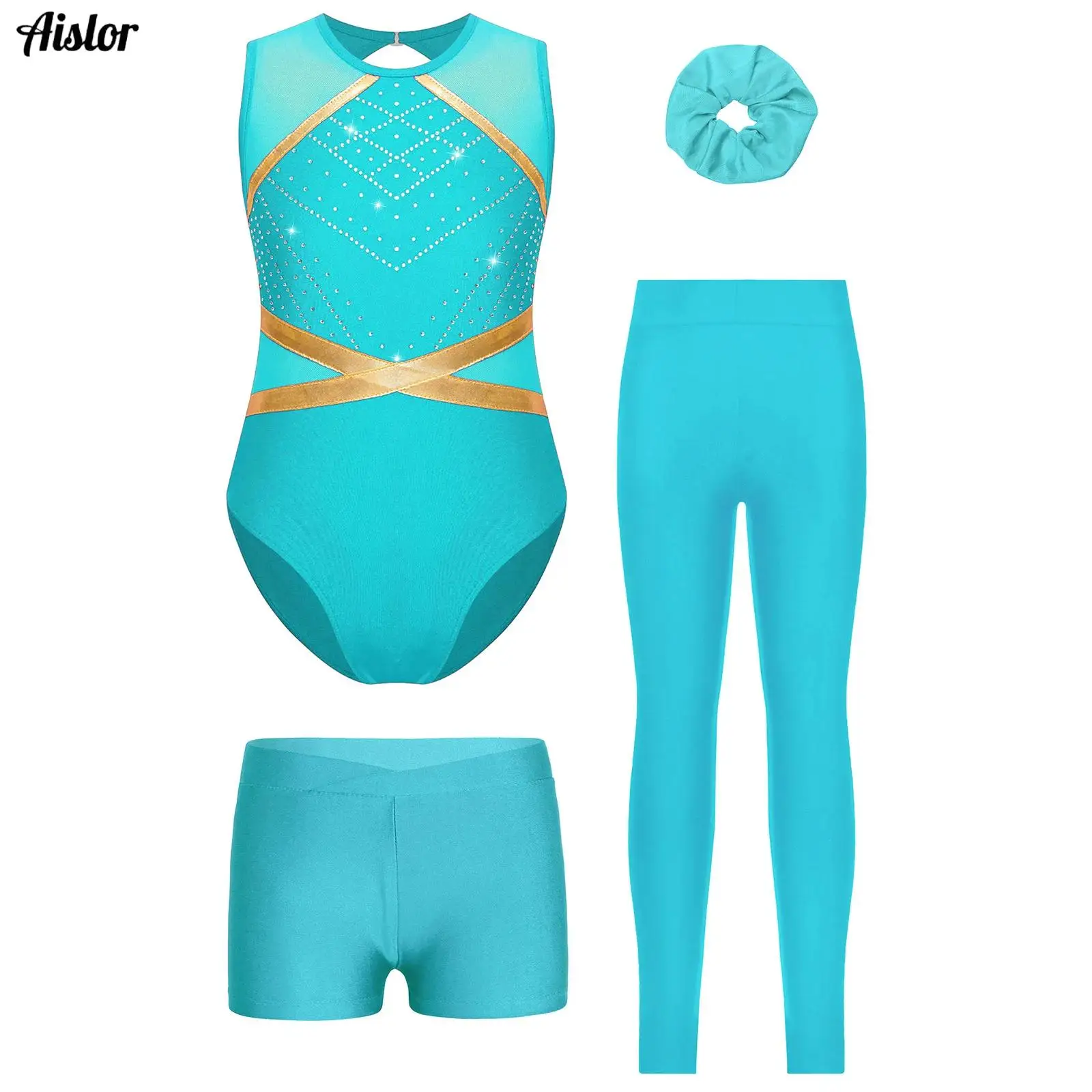 4Pcs Kids Girls Gymnastics Figure Skating Costume Sleeveless Glittery Rhinestones Leotard+Shorts+Leggings+Headwear Dancewear