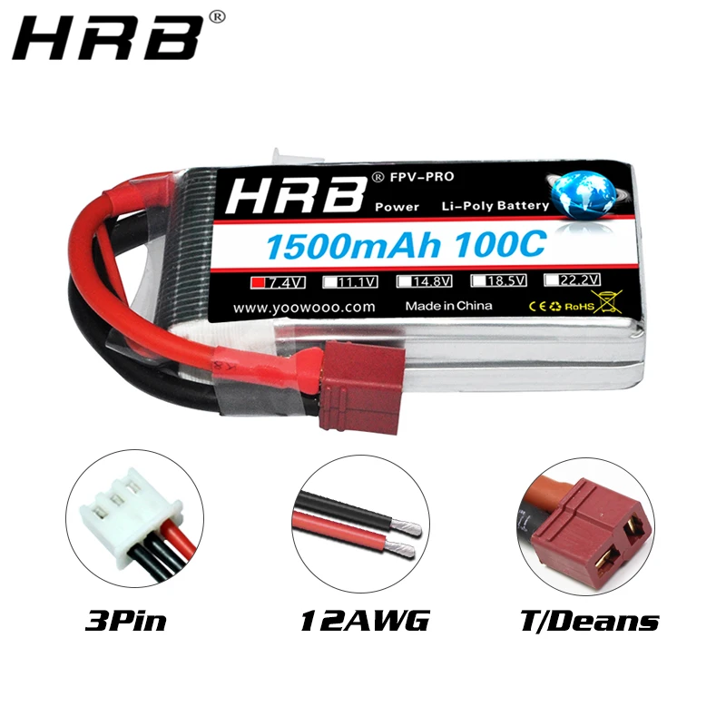 Batterie Lipo HRB 2S 1500mah 7.4V XT60 100C pour avions RC FPV, Drone, bateau de course, pièces de voiture