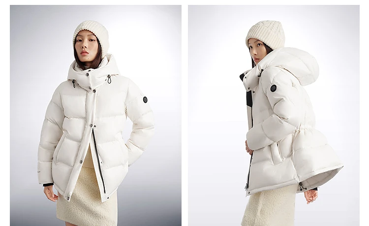 BOSIDENG Women Hooded Short Goose Down Coat 90% Goose Down 700+ Loft Shiny Fabric Adjustable Waist Puff Winter Outerwear