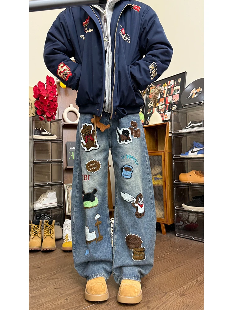 

Retro American High Street Embroidered Denim Pants Straight Leg Wide Leg Men's Fashion Brand Street Style Jeans