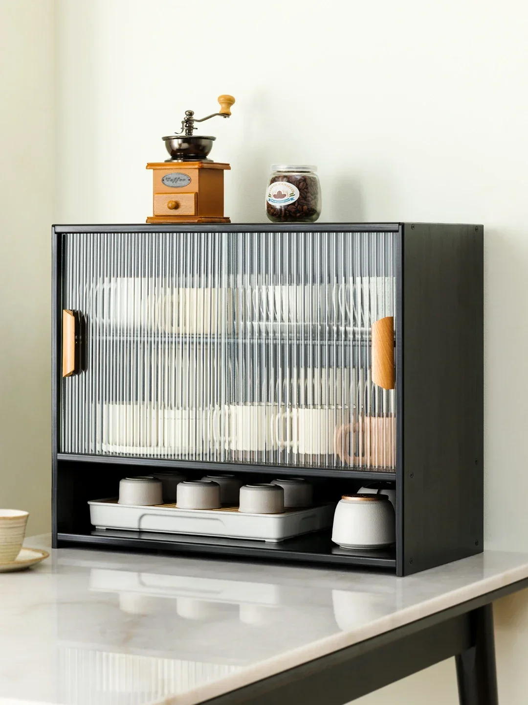 

storage artifact, tabletop shelf, snacks, double cup holder, water cup, dining table, countertop, kitchen, side cabinet