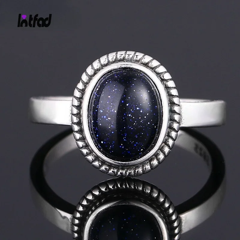 

925 Sterling Silver Ring Natural 8x10MM Oval Blue Sandstone Rings for Women Men Gifts Luxury Jewelry Wholesale