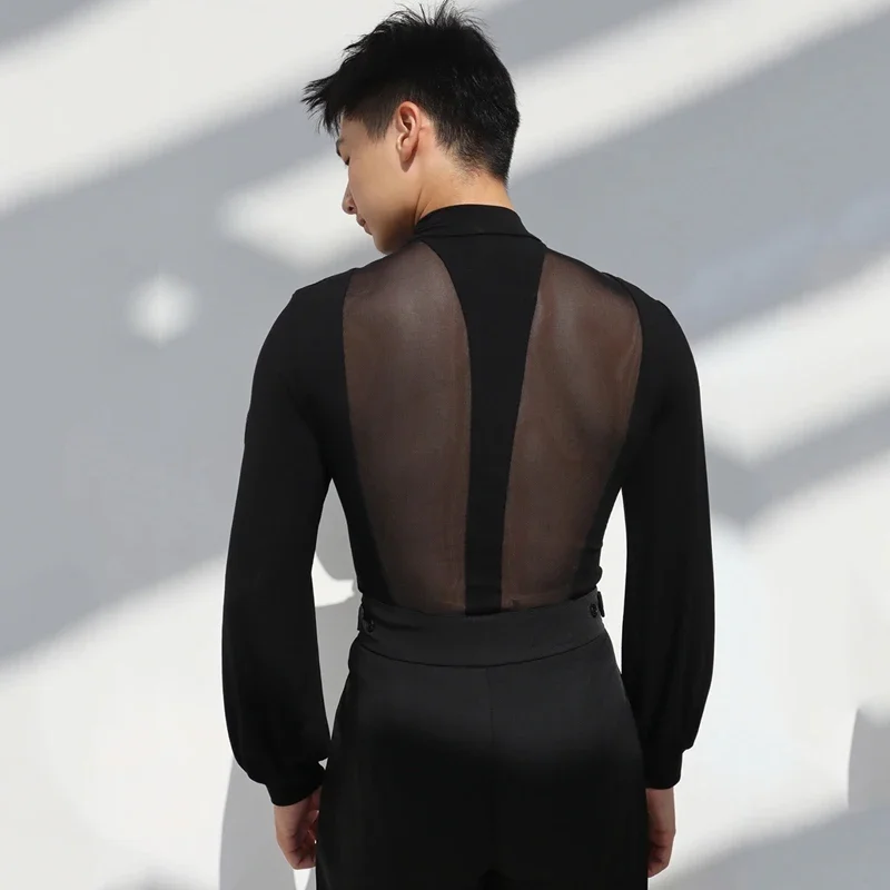 

Костюмы для латинских танцев для мужчин, рубашки с высоким воротником и длинными рукавами, чача, румба, танго, топы для латинских танцев для взрослых