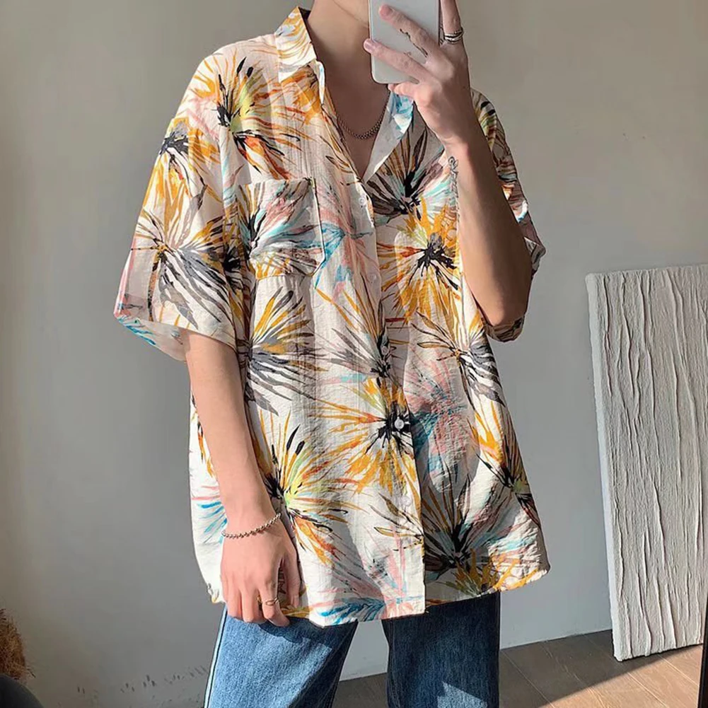 Tops Shirt Beach Club Daily Floral Leaves Print Patch Pocket Quick Drying Slight Stretch Summer Hawaiian Shirt