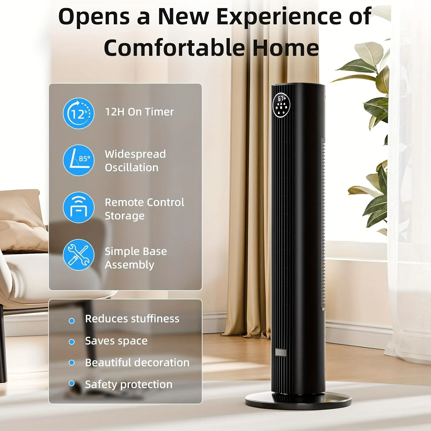 

Tower Fan for Bedroom, 85° Oscillating Fans with 3 Speeds, 15H Timer, Portable 30", Normal/ Natural/ Sleep 3 Modes, Black