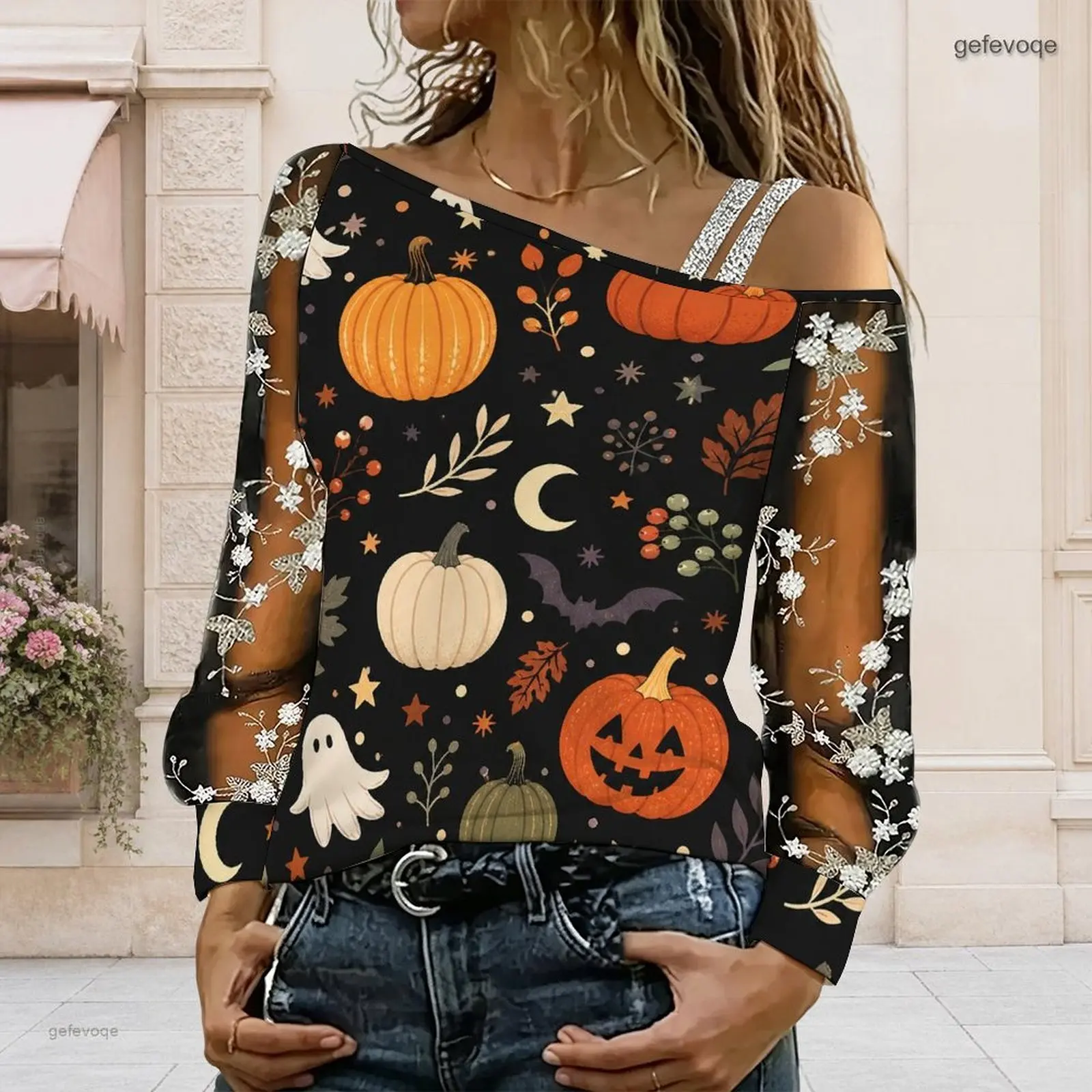 Women Asymmetric Cold Shoulder Long Sheer Sleeve Top, Printed Witch Frog Cauldron Mushroom Pattern