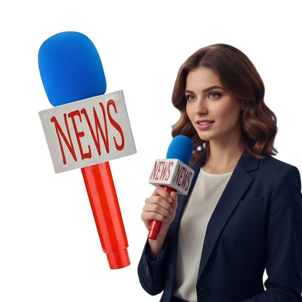 3er-Set Neuheiten: Fake-Mikrofon-Requisiten mit echtem Schwamm & Mikrofonflaggen-Set, Fake-News-Mikrofon, realistisches Plastikmikrofon, Nachrichtenmikrofon-Requisiten