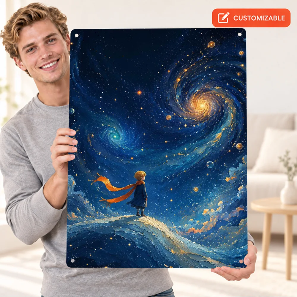 The Little Prince Stargazing Textured Metal Poster Personalized Aluminum Sign Van Gogh Inspired Painting Wall Art For Bedroom