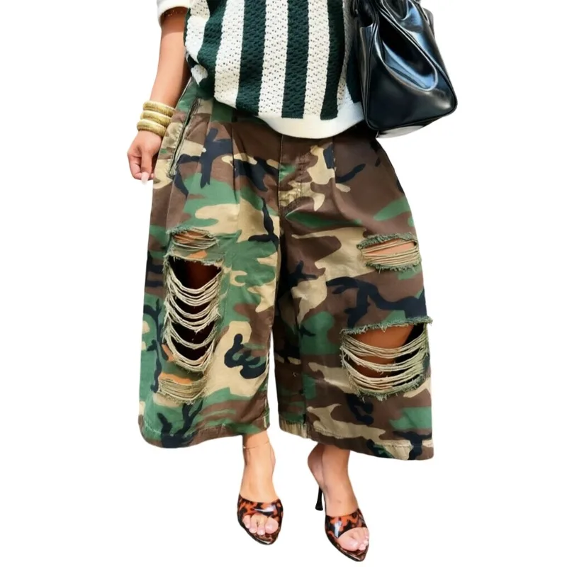 Camouflage Print Holes Loose Casual Denim Trousers Women Fashion Y2K Streetwear Jeans Wide Leg Trousers Hip Hop Sweatpants