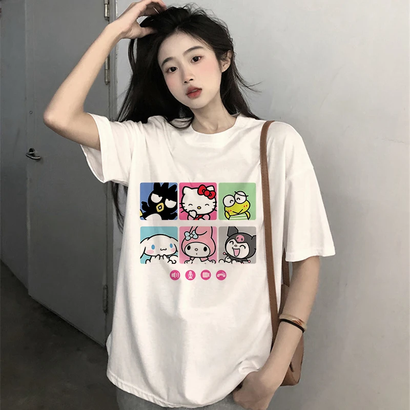 Sanrio T-shirt Women Cotton Y2K Anime Hello Kitty Tees Shirts Kawaii Cartoons Casual Clothes Harajuku Oversized Streetwear Tops