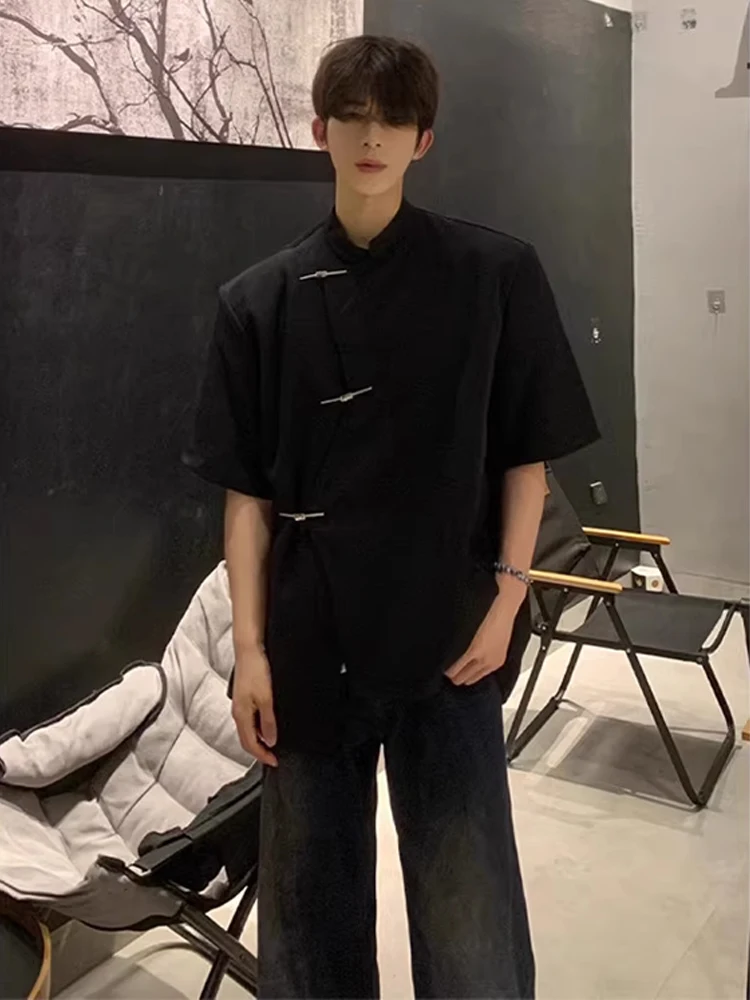

New Chinese Style Ice Silk Shoulder Padded Short Sleeve Men's Shirt Summer High Design Sensation Handsome Western Suit