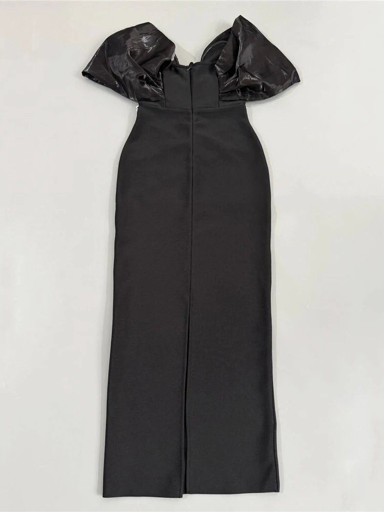 VC Retro Cocktail Party Charm Abito da sera aderente con maniche a sbuffo in raso nero con accenti di cristalli Abito lungo da gala