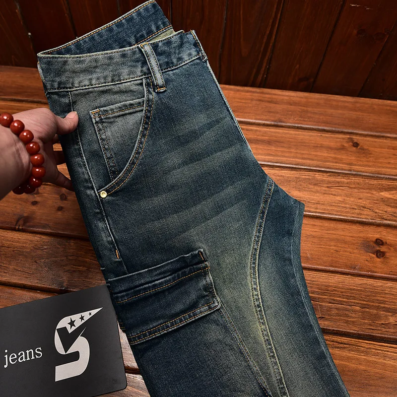 High-end Retro Nostalgic Men's Jeans with Multiple Pockets, Stretch Slim Fit, Fashionable Trendy Versatile Motorcycle Long Pants
