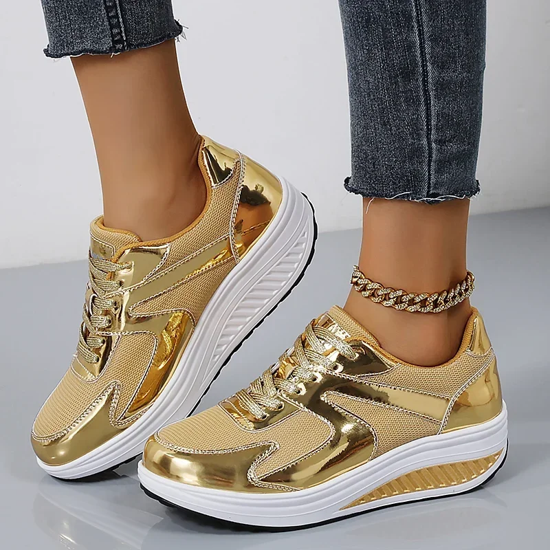

Women's Glitter Platform Shoes Shiny Wedge Sole Breathable Comfort Mesh Casual Shoes Fashion Bling Chunky Sneakers for Girl