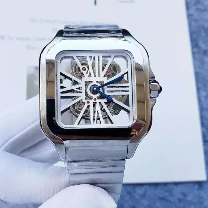أزياء 40mm رجالي كوارتز جوفاء ووتش الفولاذ المقاوم للصدأ الأزرق جلدية مربع ساعة اليد أزياء الساعات للرجال