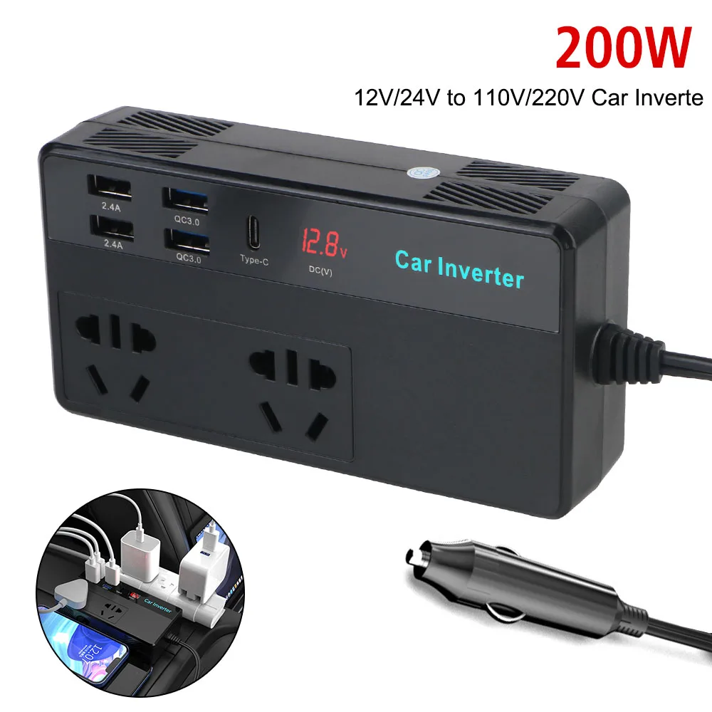 Cargador USB tipo C QC3.0, carga rápida para vehículos, transformador convertidor de coche de 12/24V, convertidor de coche de 200W, 110/220V