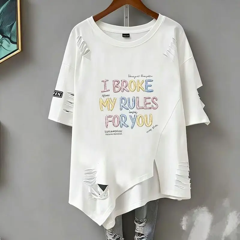 Short Sleeve T-shirts for Women Summer Trend Thin Tops Fashion Irregular Design Tshirt Casual Personalized Printed Perforated T