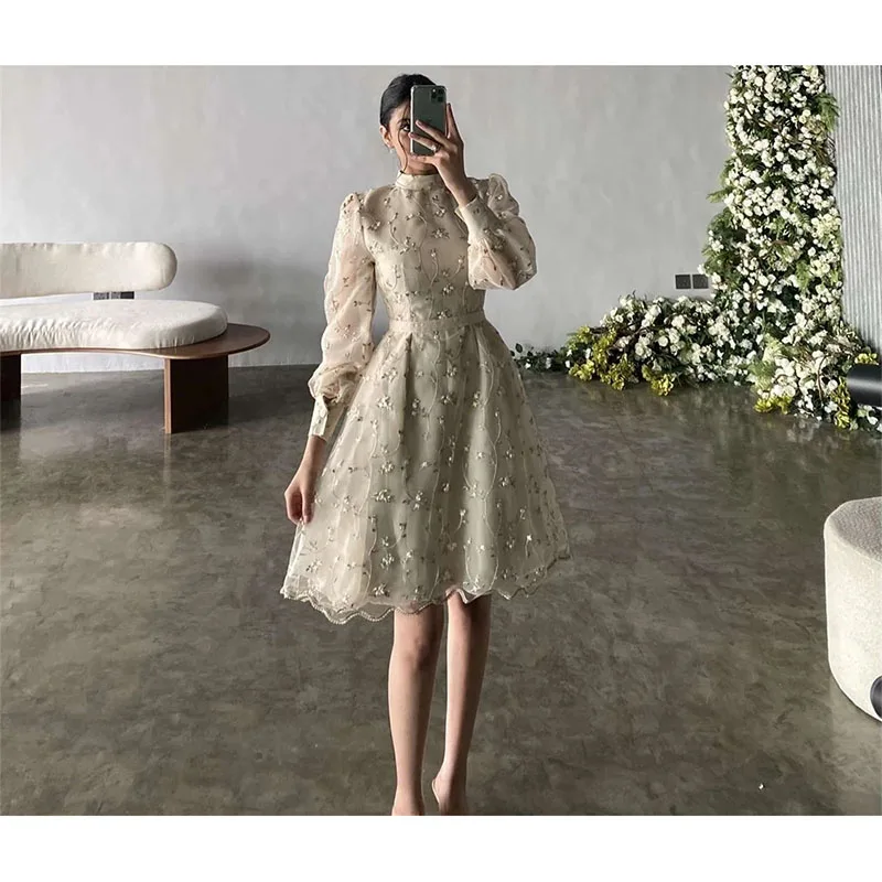 

Fashion A-line High Neck Long Length Celebrity Evening Dress Flowers Sequin Draped Fold Knee-Length Prom Dress Cocktail Dress