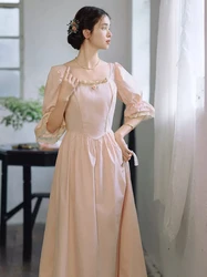 84-96cm Bust Spring Summer Women European Victorian Vintage Slim Waist Comfortable Cotton Pink Dresses