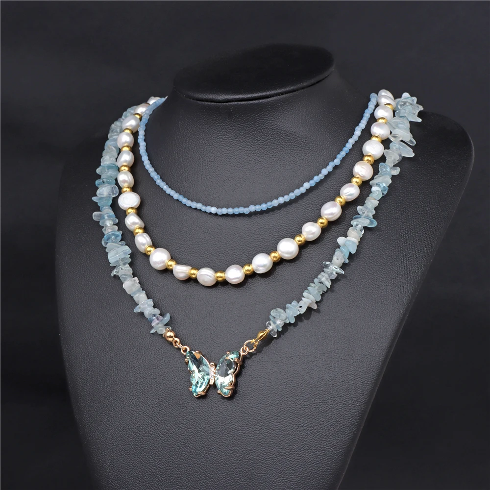 

3pcs/set Natural Aquamarines Beaded Necklaces Crystal Butterfly Pendant Charm Pearl Necklaces For Women Chain Exquisite Jewelry